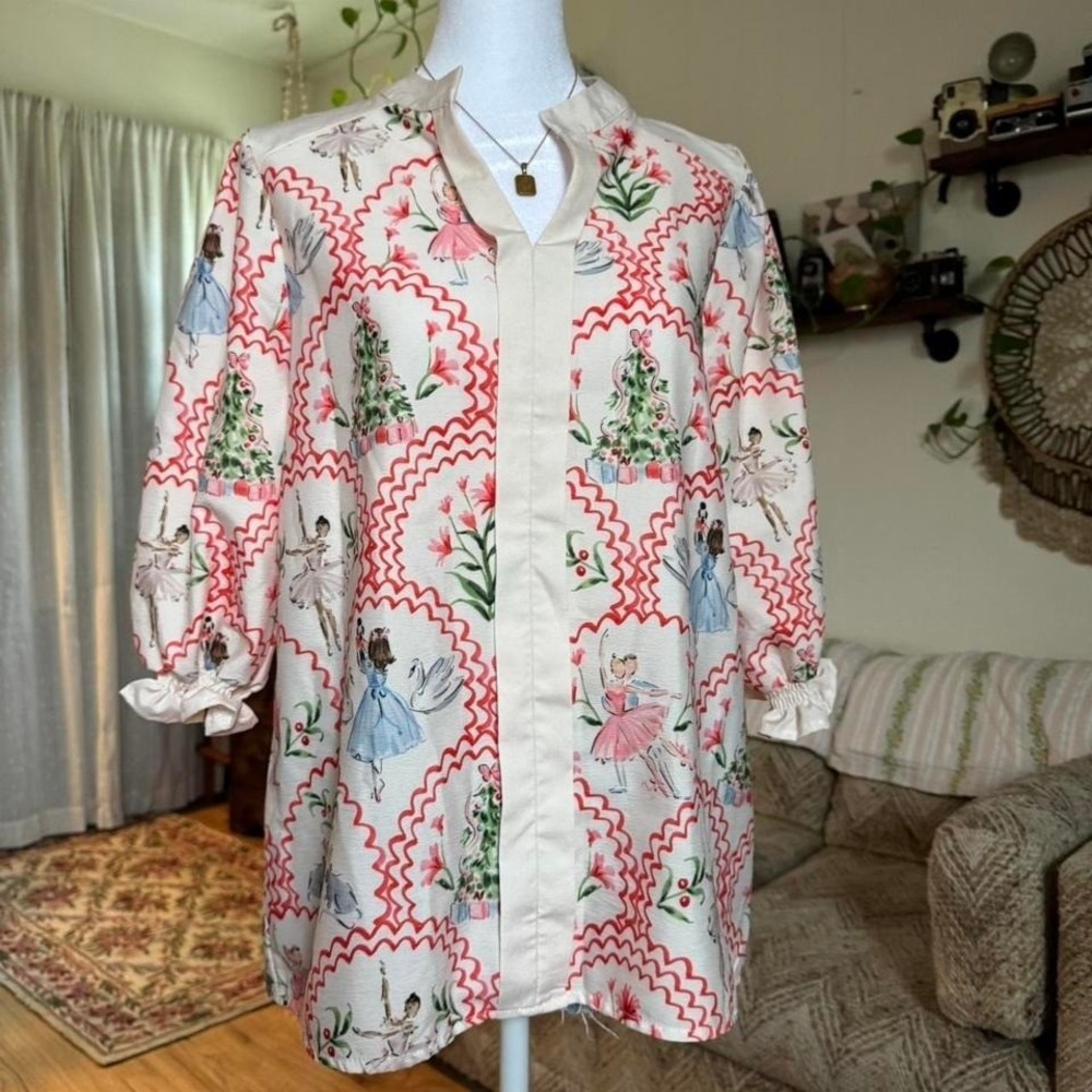 Vintage Style Nutcracker Ballerina Christmas Tunic Top Cream Red Festive Holiday